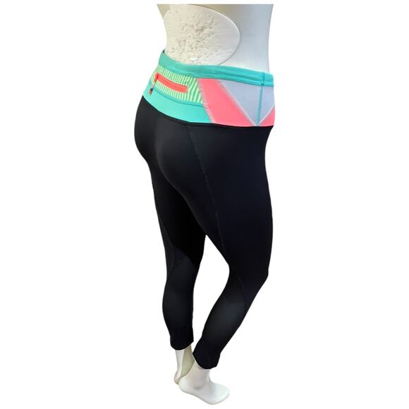 Lululemon Black Yoga Leggings with Turquoise/Coral Striped Waistband - Size 4 - Picture 16 of 16